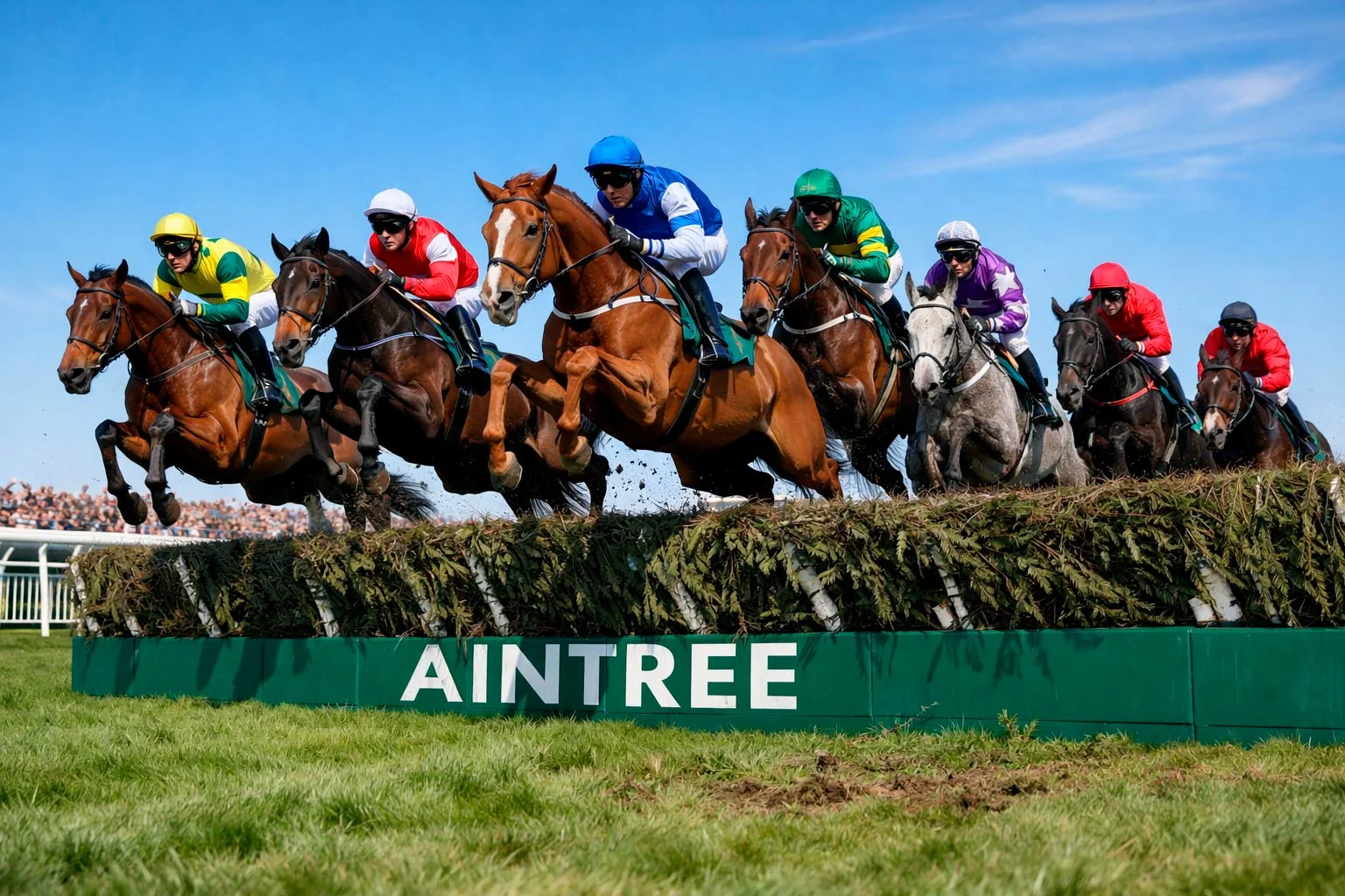 Grand National field jumping a fence at Aintree — enhanced each-way place terms apply on the biggest betting race