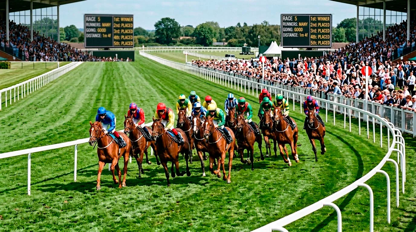 UK horse racing field of runners approaching a turn, illustrating field size and place terms
