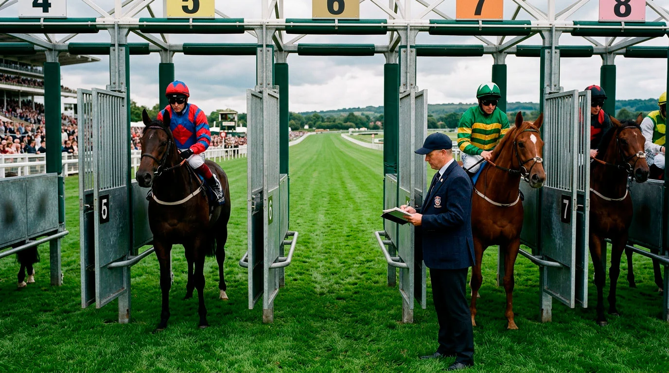 Empty stall at a racecourse starting gate representing a non-runner and Rule 4 deduction
