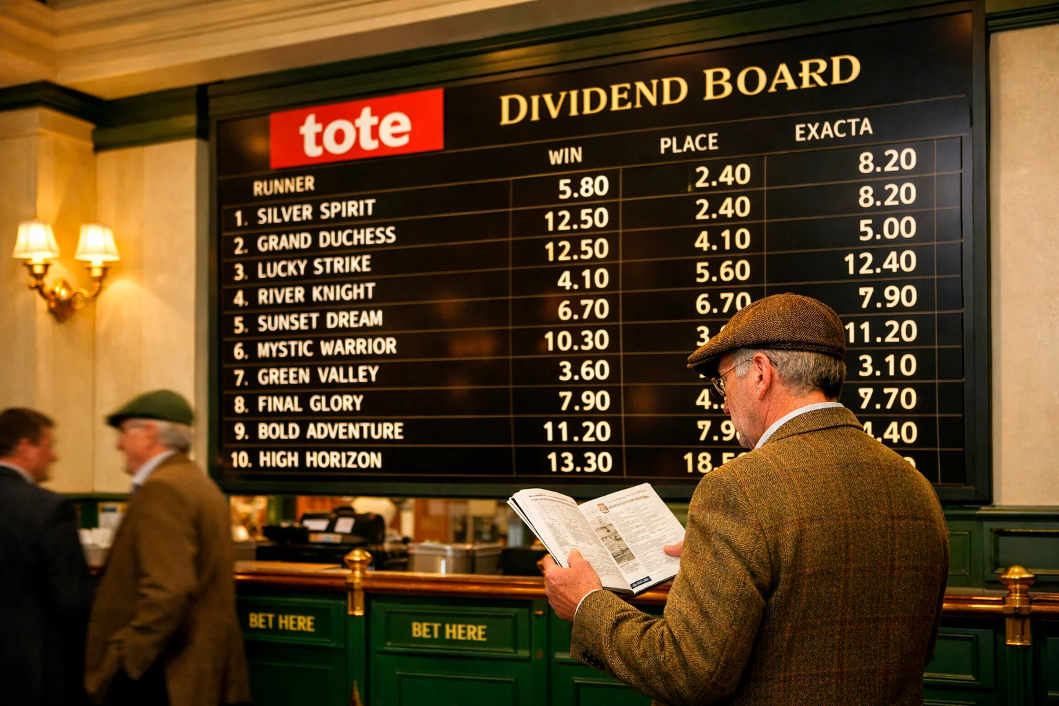 Tote pool betting board at a British racecourse displaying pari-mutuel dividends