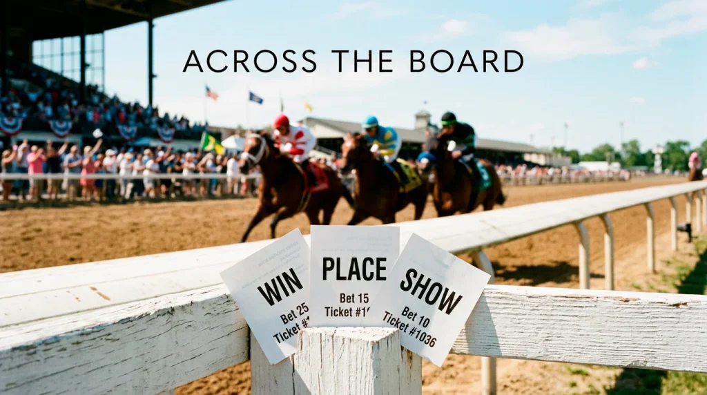 Three US horse racing betting slips fanned out on a racetrack rail labelled win place and show