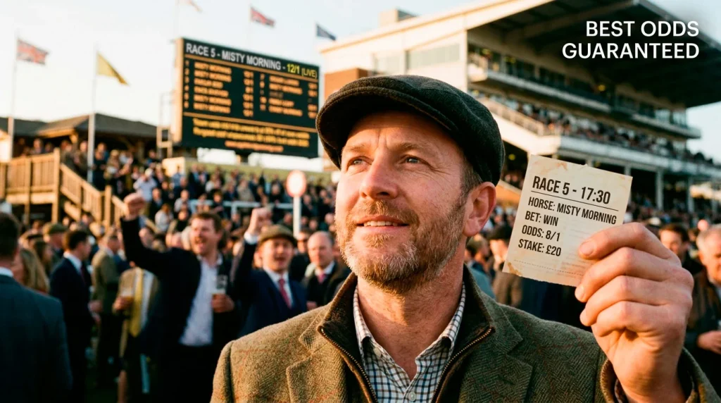 Punter comparing early odds on a betting slip against the starting price board at a British racecourse