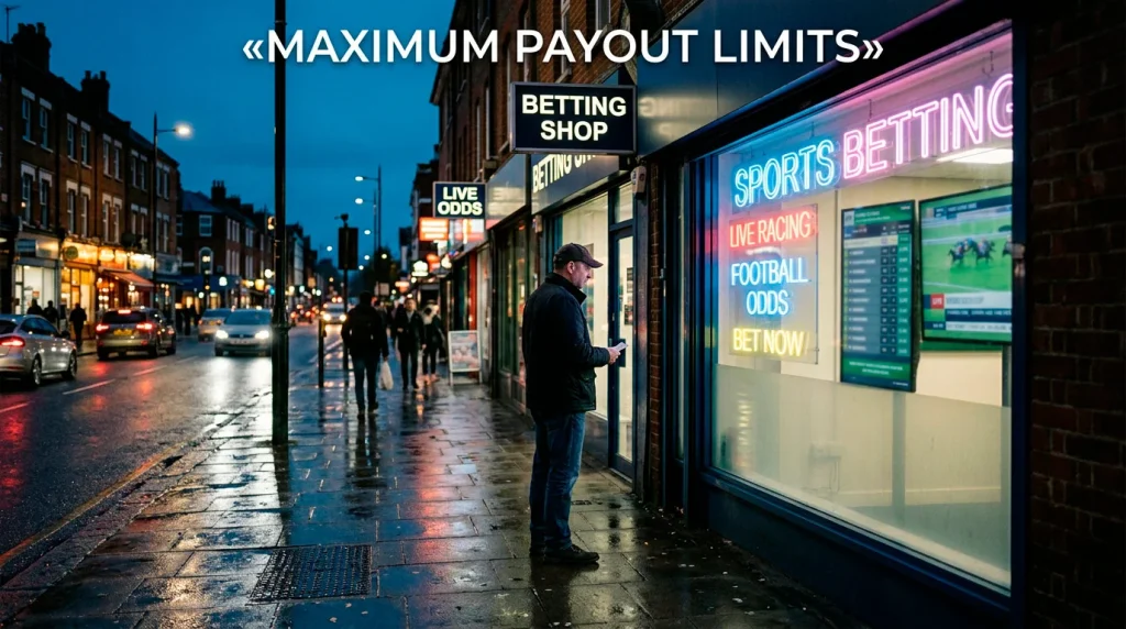 Row of UK high-street bookmaker shop fronts with neon signs representing payout limits