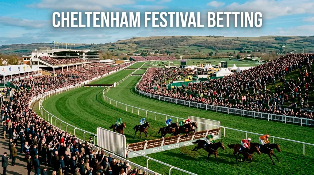 The Cheltenham racecourse amphitheatre packed with racegoers during the Festival with horses on the turf