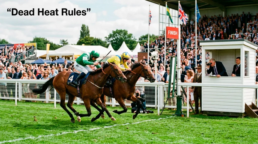 Two horses crossing the finish line simultaneously in a dead heat on a British racecourse