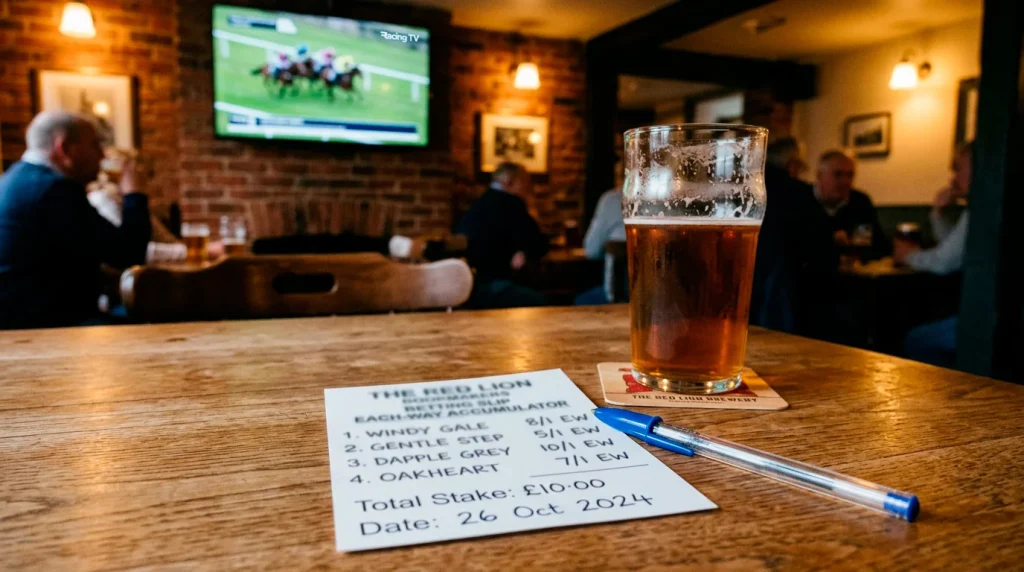 Betting slip with multiple horse racing selections highlighted showing an each-way accumulator