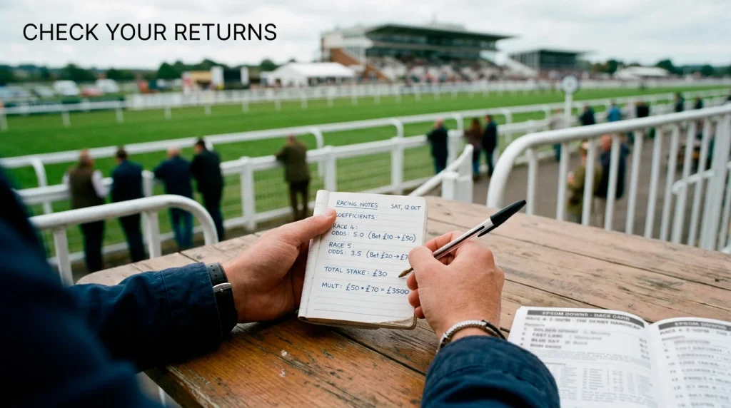 Person checking each-way betting returns with a notepad and pen at a racecourse