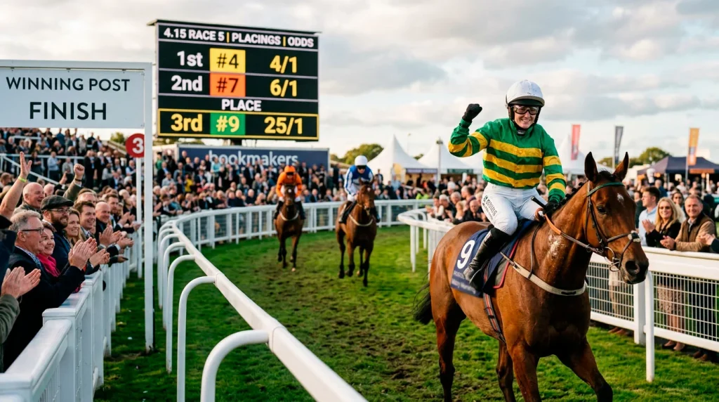 Outsider horse finishing in the places at a British racecourse with long odds visible on the board