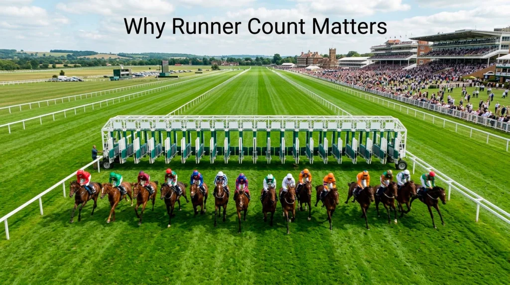 Aerial view of a large field of horses leaving the starting stalls at a British racecourse