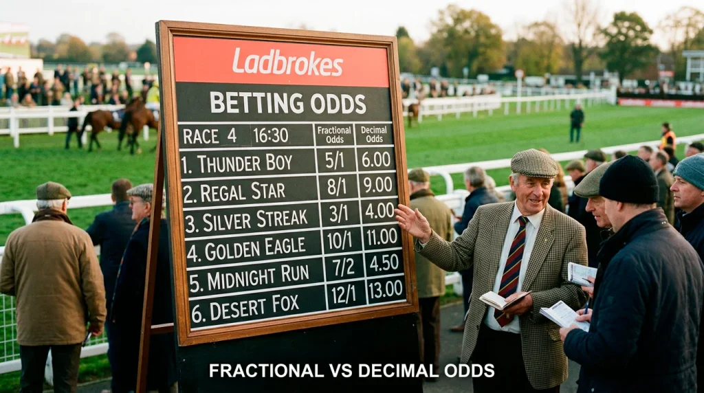 Bookmaker odds board showing both fractional and decimal formats for horse racing