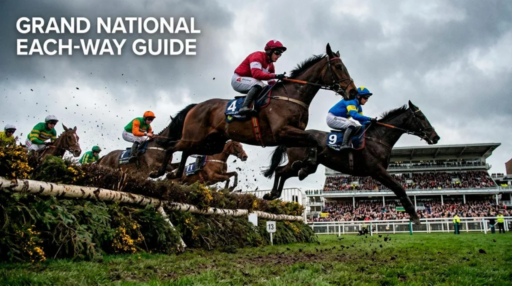 Horses jumping the famous Aintree fences during the Grand National with a packed grandstand behind