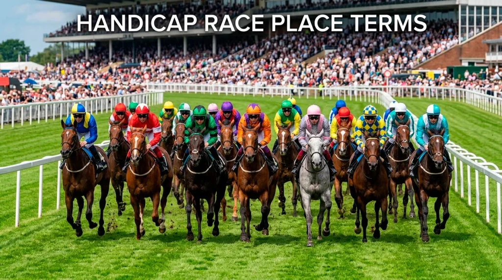 Large field of horses bunched together racing in a handicap on a British flat racecourse