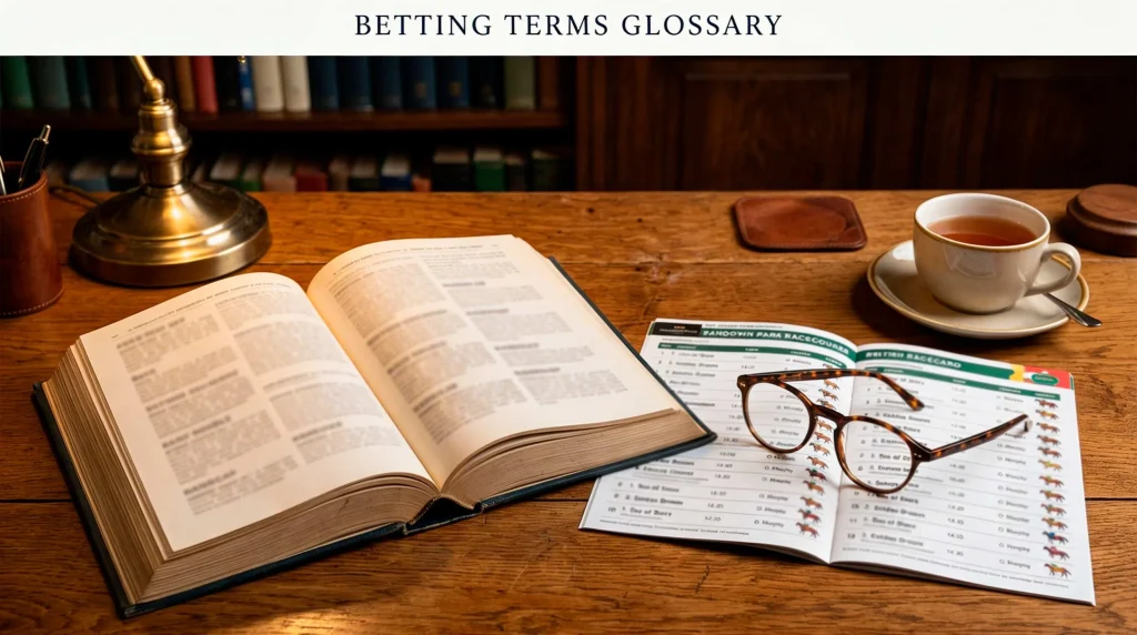Open reference book of horse racing betting terms on a desk with a British racecourse programme