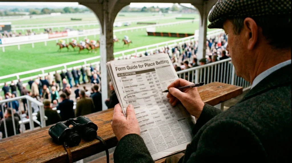 Racegoer reading a Racing Post form guide at a British racecourse with a pen marking selections