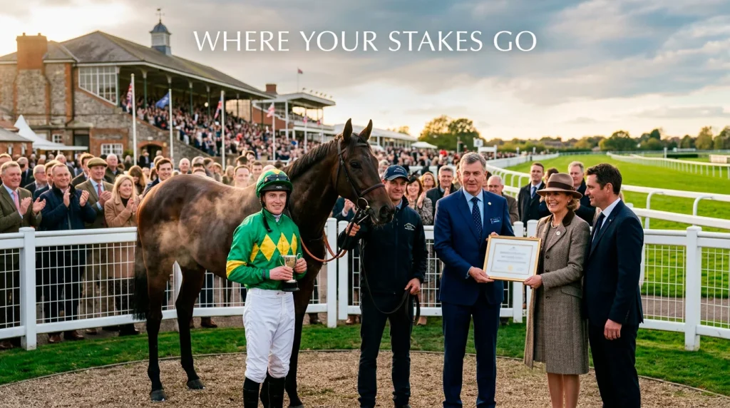 Winning horse and jockey in the prize-giving enclosure at a British racecourse with a trophy presentation