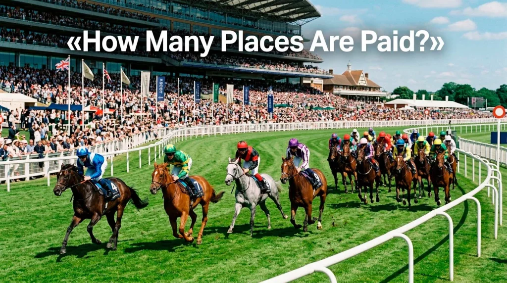 Tight pack of horses racing on a British turf course showing the first four positions in a large field