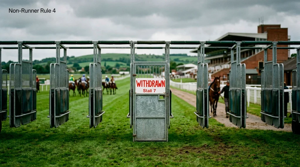 Empty starting stall at a British racecourse with a withdrawn horse number crossed out