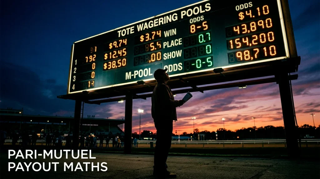 Close-up of a pari-mutuel tote board at a US racetrack showing pool totals for show bets