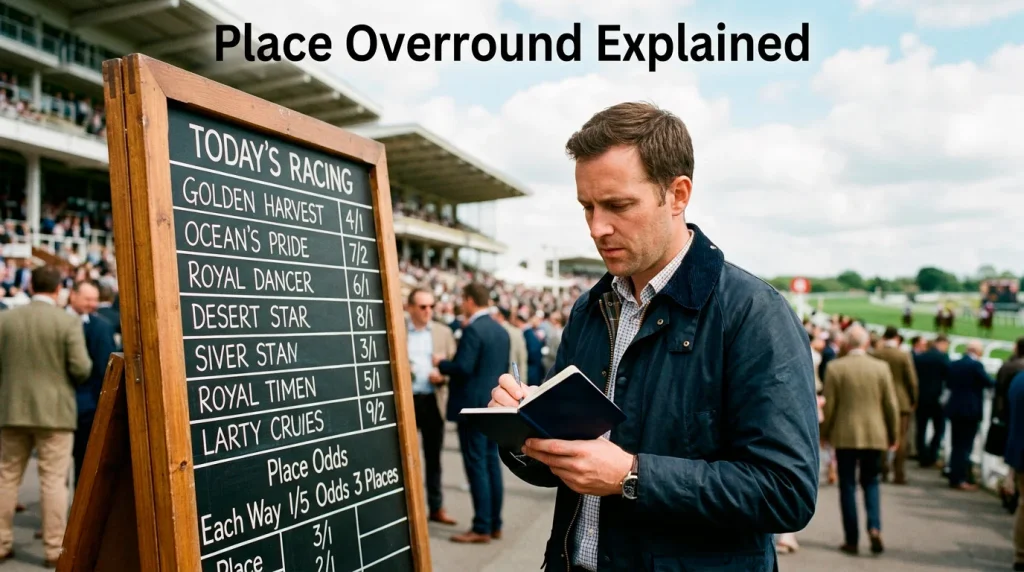 Person studying a bookmaker odds board with a notebook analysing place market margins