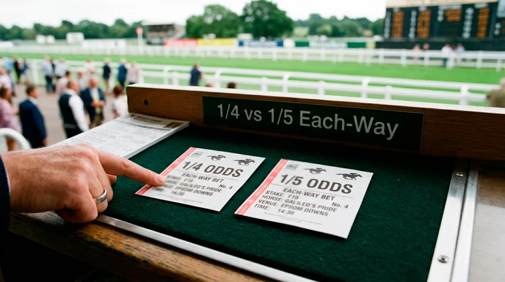 Two each-way betting slips side by side showing different place fractions one quarter and one fifth