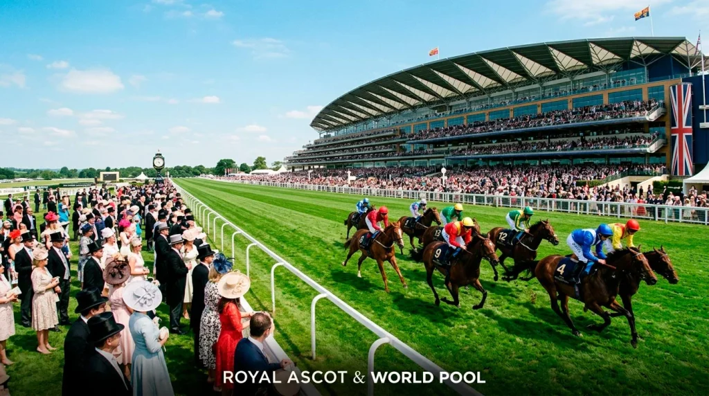 Elegant Royal Ascot racecourse with horses racing on flat turf and well-dressed spectators in the Royal Enclosure