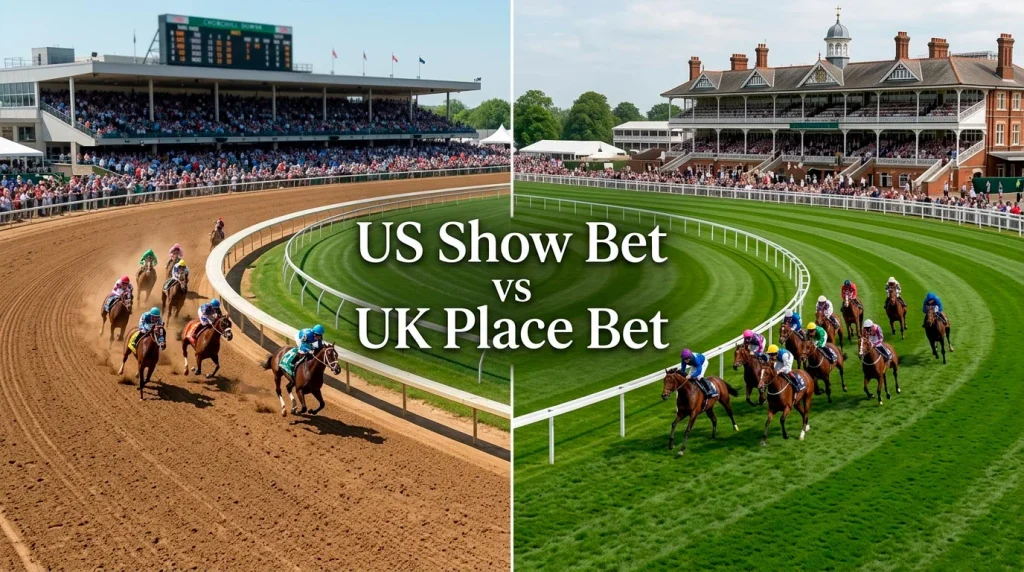 Split image of American dirt racetrack on left and British turf racecourse on right representing show bet versus place bet