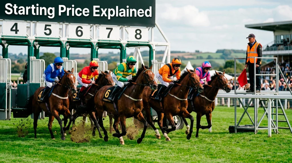 Horse racing starting stalls opening at a British racecourse at the moment the starting price is set