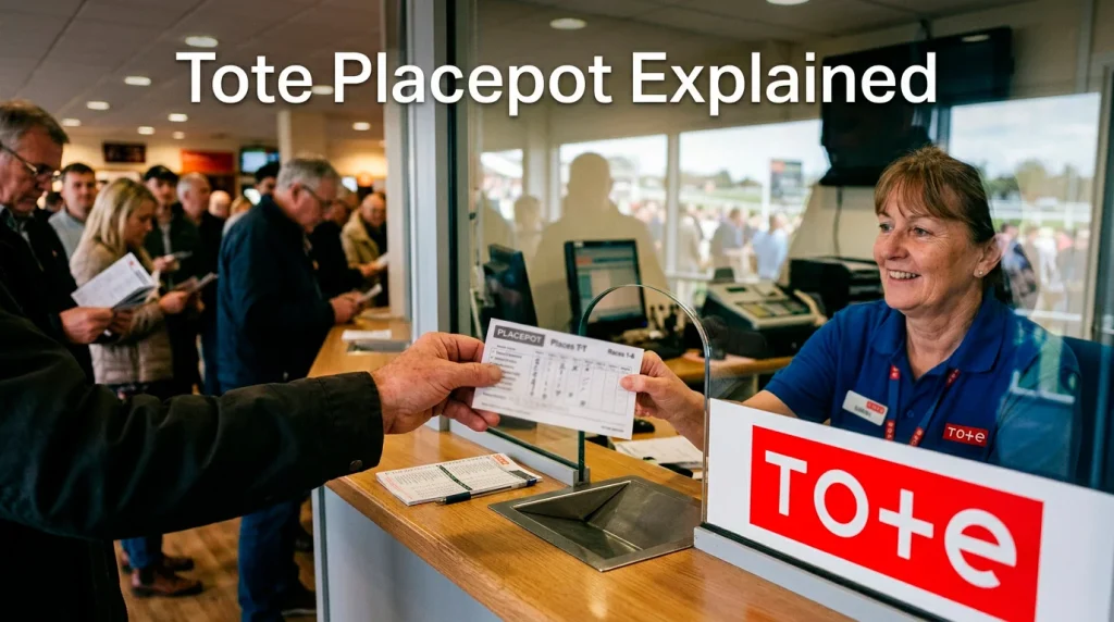 Tote betting counter at a British racecourse with a Placepot slip being handed over