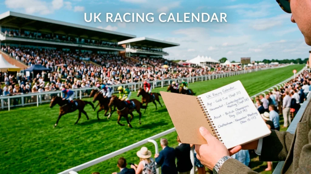 Panoramic view of a British racecourse across seasons showing the year-round racing calendar