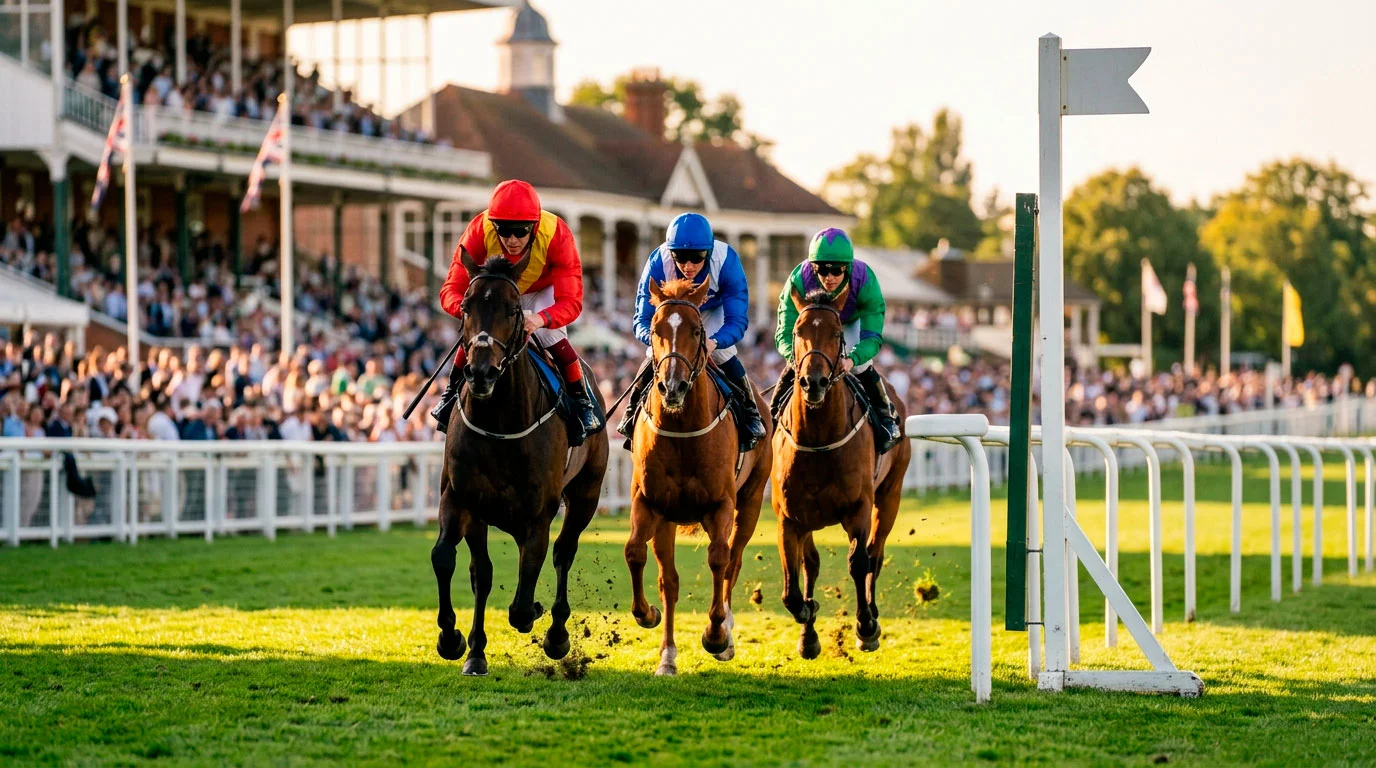 UK show bet payout guide — horse racing finishing line at a British racecourse