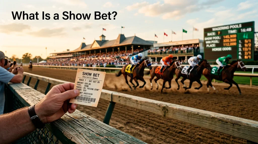 Crowded US horse racing grandstand with tote board showing win place and show pools