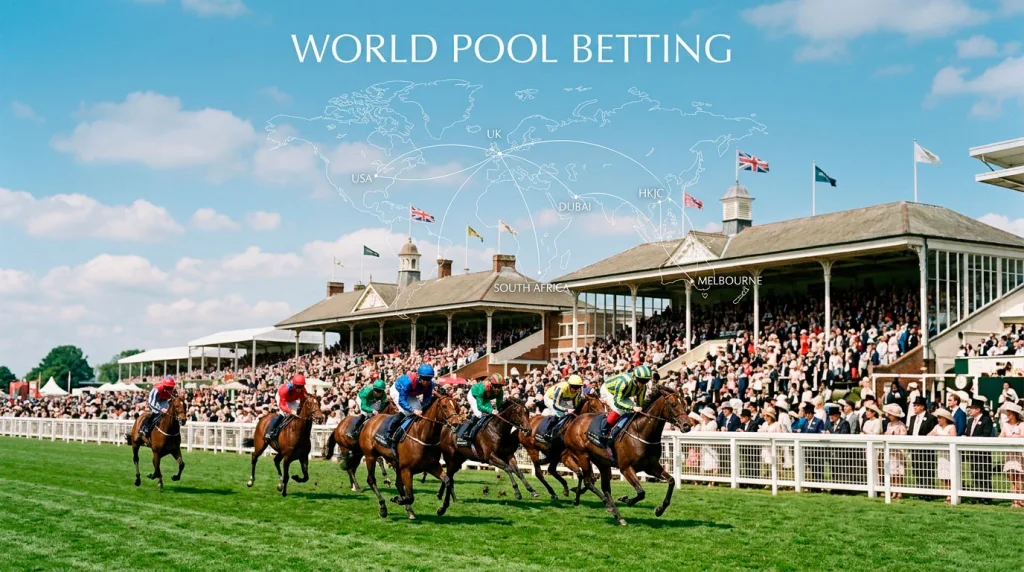 Globe overlaid on a horse racing scene showing connections between international racecourses for the World Pool